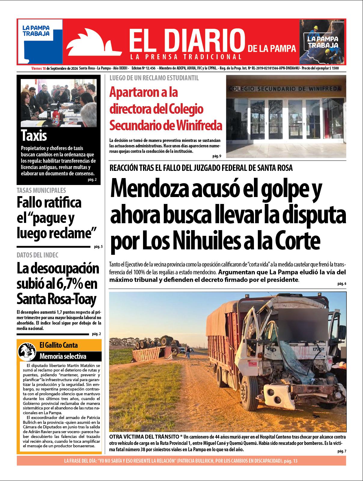 Tapa de El Diario en papel  viernes 18 de septiembre de 2026